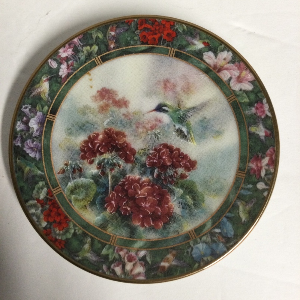 Lena Liu White-Eared Hummingbird Mini-Plate Red Green Floral #6 VTG